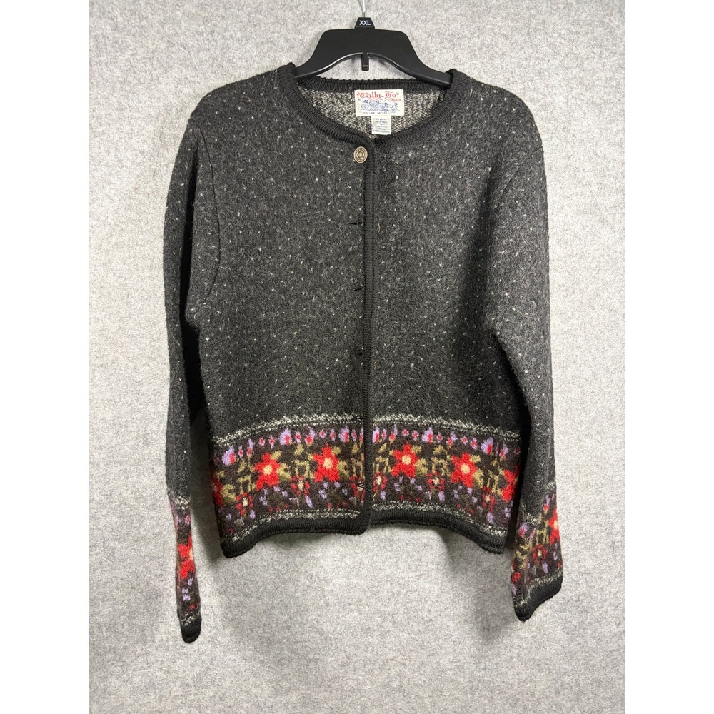 Tally-Ho Vintage Wool Cardigan Sweater Grey Floral Fair Isle Button Front M